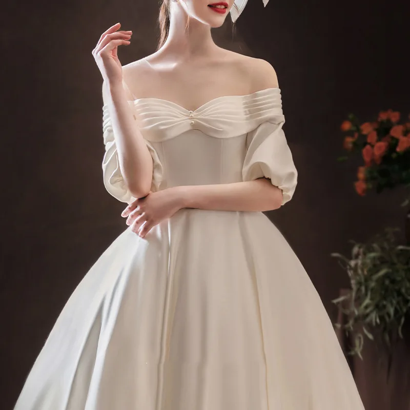 Abiti da sposa con maniche a sbuffo in raso a cuore di lusso con spalle scoperte abito formale a-line eleganti abiti da festa Illusion