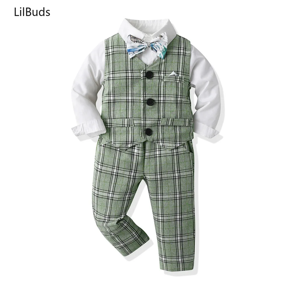 2025 Spring Boys 3PCS Suits Children's Clothing Newborns Baby Sets Long Sleeve Shirt Vest Pant Set Suit Gentleman Birthday Party