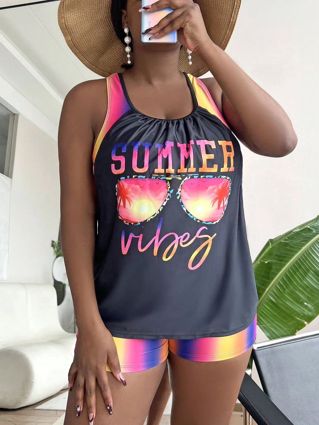 Plus Size Summer Vibes Graphic Tankini Set With Gradient Shorts