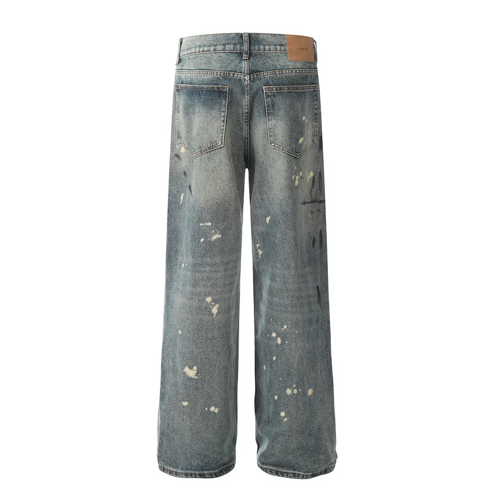 Men High-street Style Retro Washed and Distressed Casual Loose Wide-leg Long Pants of Tie-dye and Splash-ink Straight-leg Jeans