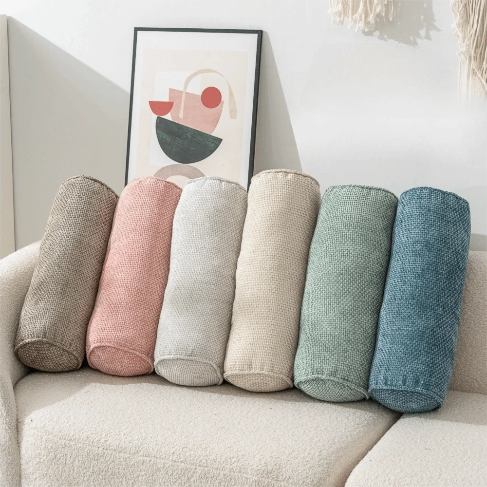Throw Pillow Solid Color Chenille Cylinder Pillow Japanese Style Ergonomic Neck Roll Pillow Soft Minimalist Sofa Cushion Leg