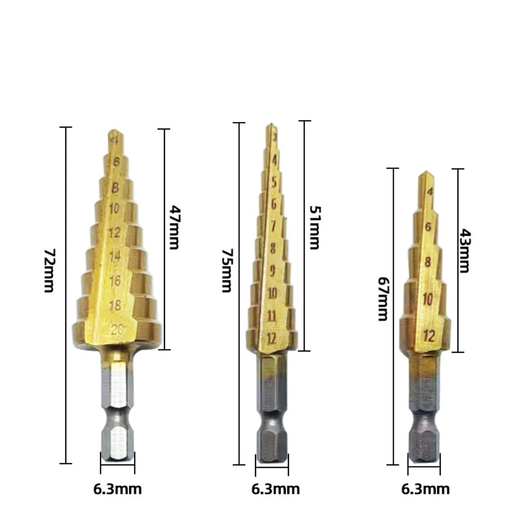 3pcs/set Step Drill Bit Straight Groove Titanium Coated Wood Metal Hole Cutter Core Drilling Tools Set 3-12mm 4-12mm 4-20mm