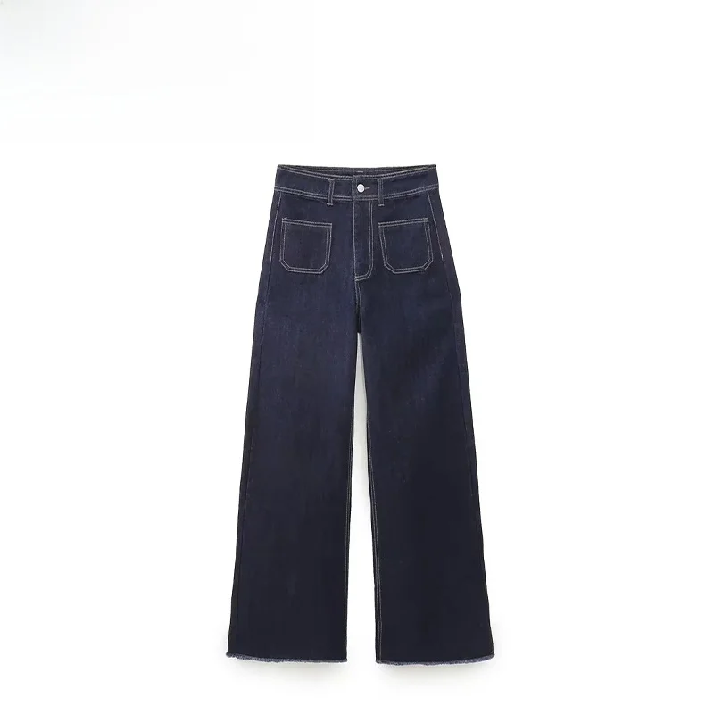 

High Waist Straight Leg Jeans Navy ket Decorated Women's Faion Autumn New Arrival Classic Blue Casual Ladies Jeans