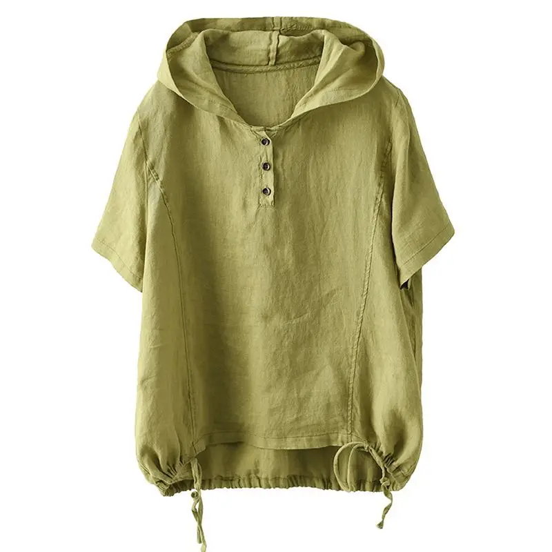 Cotton Linen T Shirts Women Vintage Hooded T-shirt Casual Loose Drawstring Swing Short Sleeve Tops Summer Trend Thin Tshirt Y2k