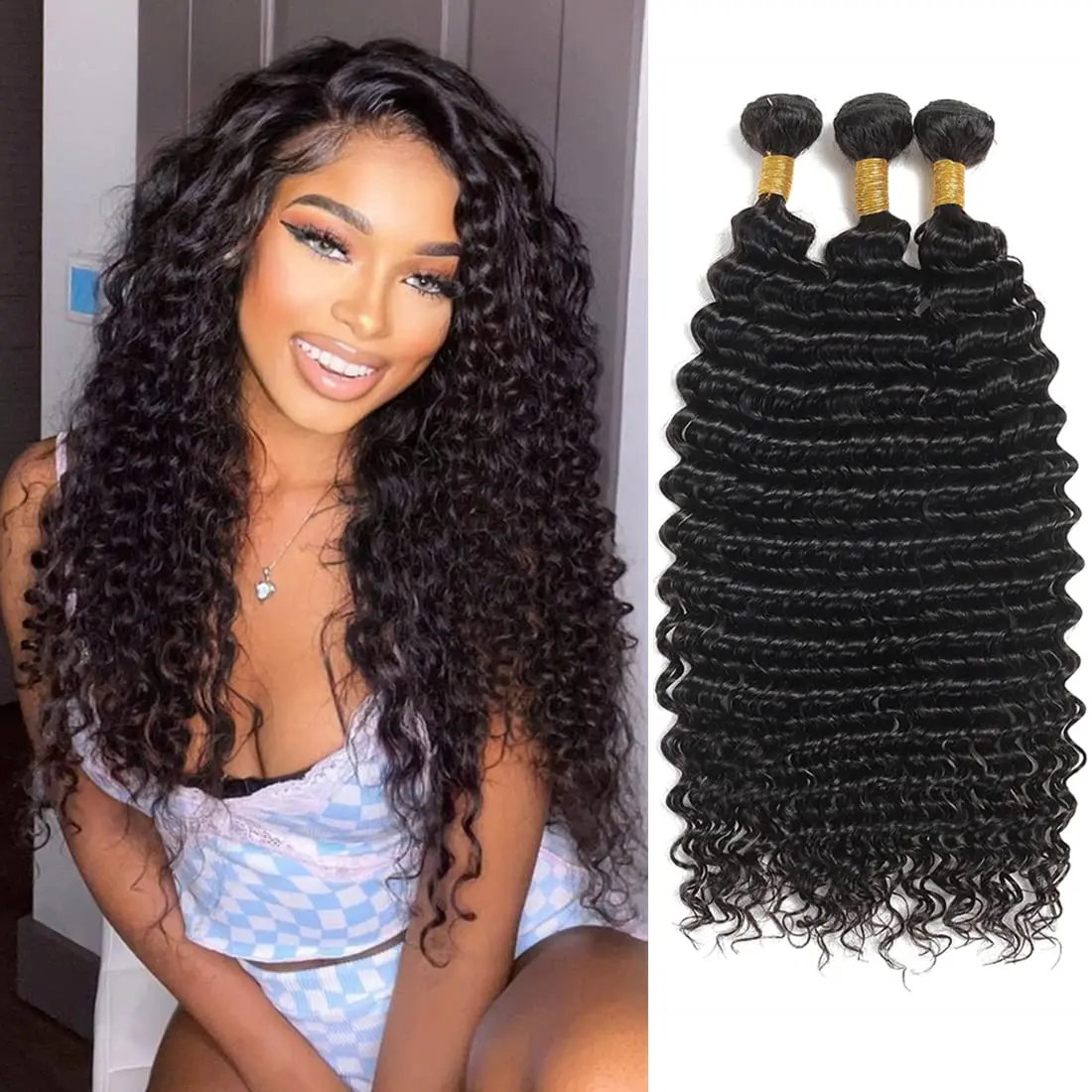 Ulrica Peruvian Deep Wave Humain Hair Natural Black Curly Bundles Human hair Bundles For Women 10-28 inch Remy Hair Weaves