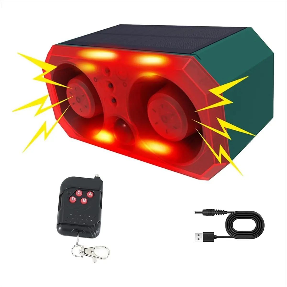 T64C! Solar Outdoor Motion Sensor Alarm with 13 Sound,130db Dual Speaker Motion Detector Alarm Light with Remote for Farm Yard
