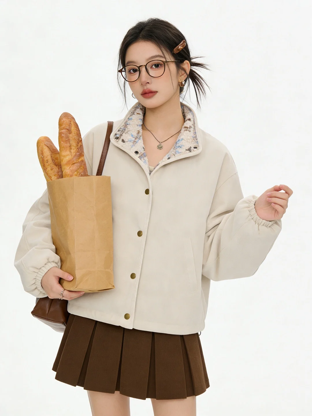 

Chic Double-Sided Wear Age-Defng Versatile Lamb Fur Corduroy Retro Slimming Jaet Korean Sle Stand Fit Long Sve ...