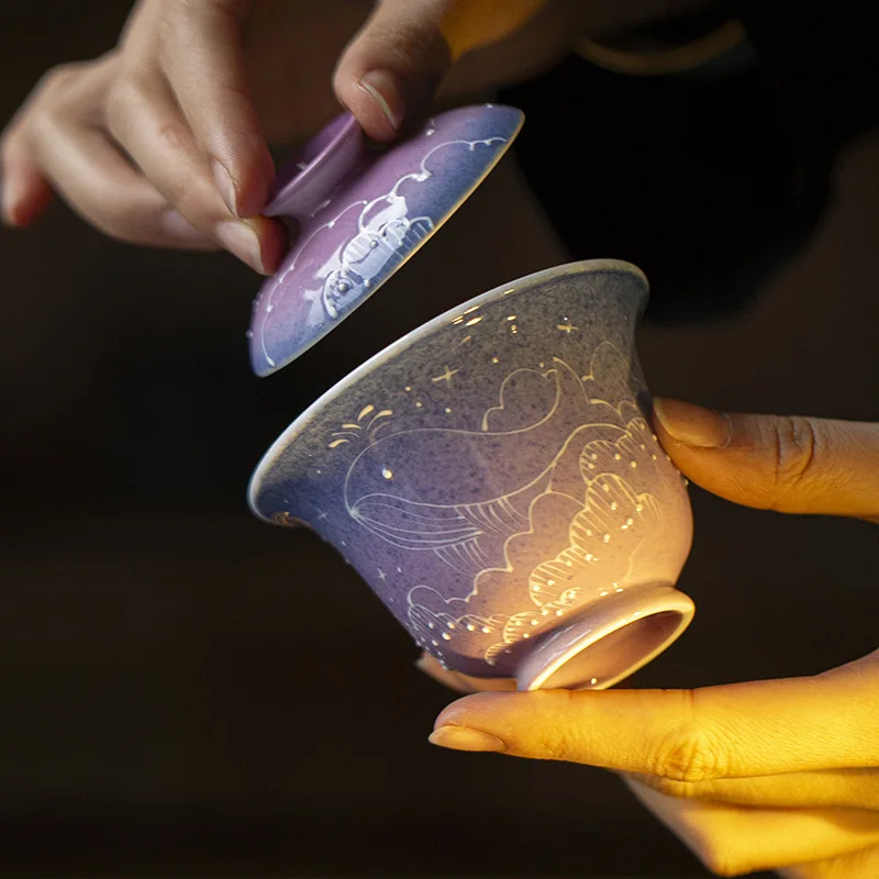 Yuni Yataniyaki - Whale Gaiwan Kung Fu Set Dreamy Gradient Purple Hand-painted Household Tea Bowl