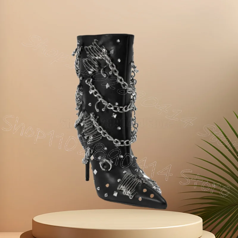 

Metal Pins Rivets Chain Black Pointed Toe Boots Side Zipper Women Shoes Thin High Heels Party Banquet 2025 Zapatos Para Mujere