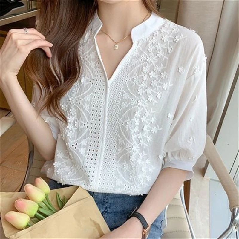 New Women Korean Fashion Hollow Lace Embroidery Blouses Elegant White V Neck Shirts Female Casual Short Sleeve Loose Cotton Tops