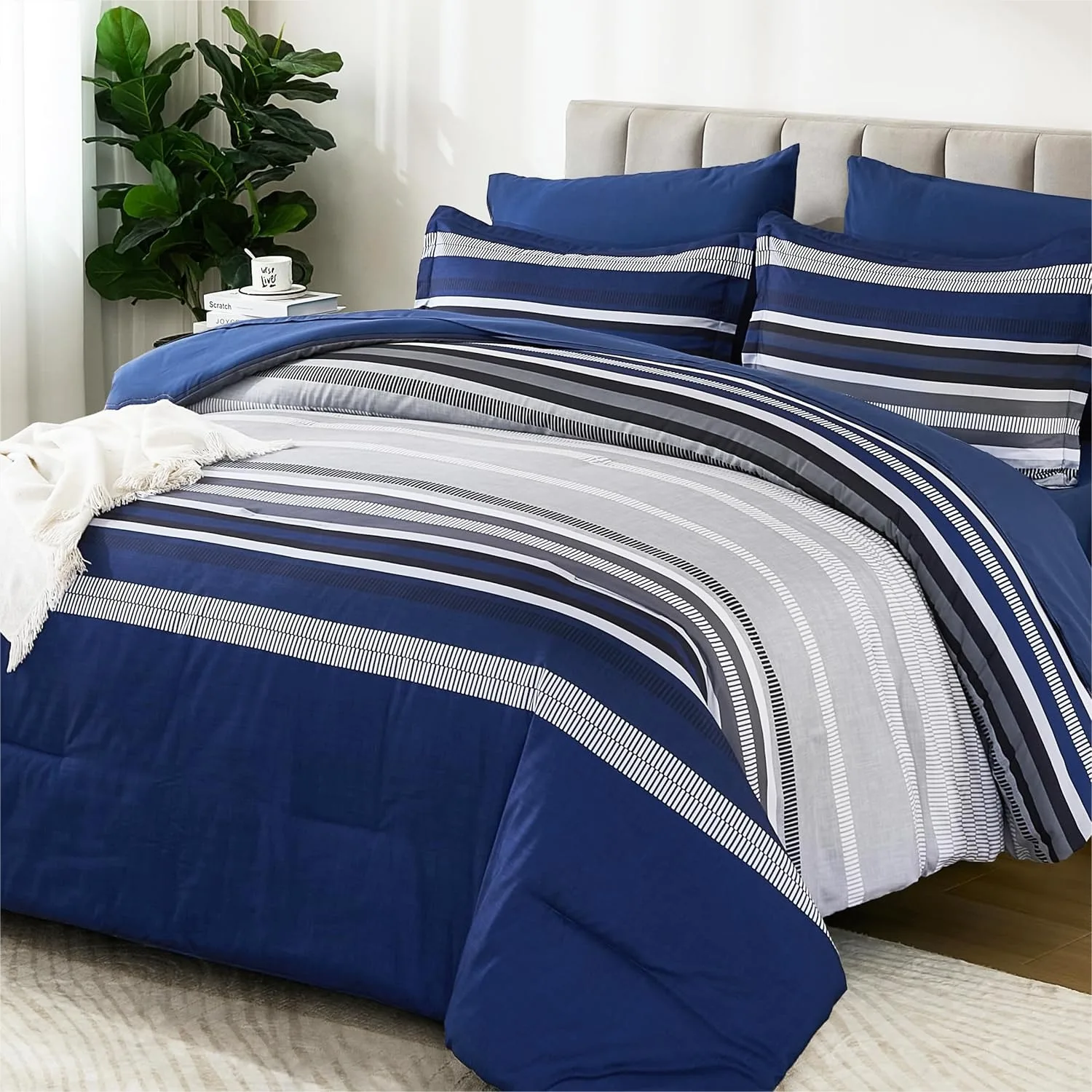 

Navy Blue King Size Comforter Set 7 Pieces Boho Striped Bed in a Bag Soft Microfiber All Season Bedding