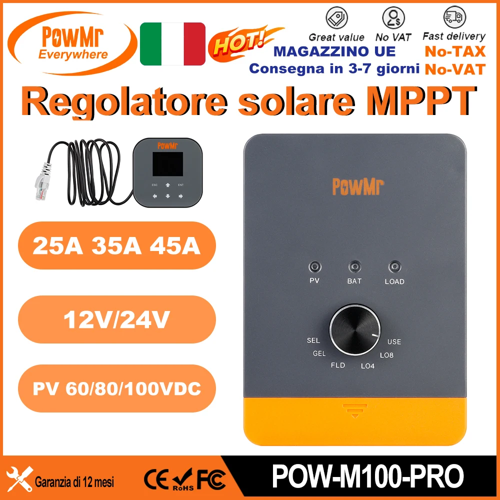 PowMr aveva 45A 35A 25A MPPT Regolatore di carica solare Manopola Modello Regolatore Max 60V/80V100VDC Supporto pannello Batteria al litio 12V 24V