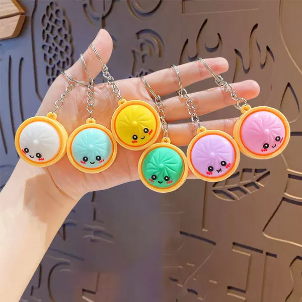 New Kawaii Cartoon Steamer Bun Keychain Pastel Mini Soup Dumpling Bag Charm Food Key Ring Wedding Party Favor Decor Gift for Fri