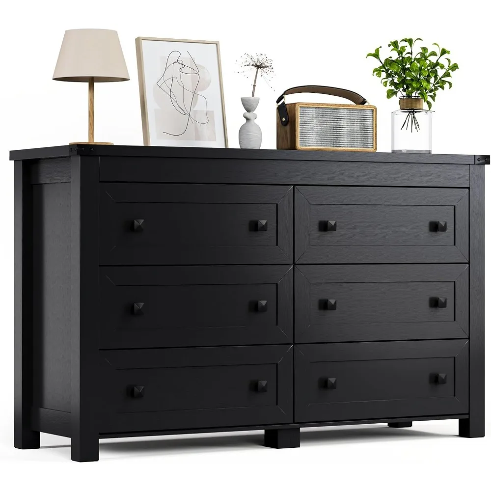 Black Dresser for Bedroom with 6 Drawers, Modern Chest of Drawers, Wood Dressers Bedroom Furniture Wide Storage Drawers Dressers