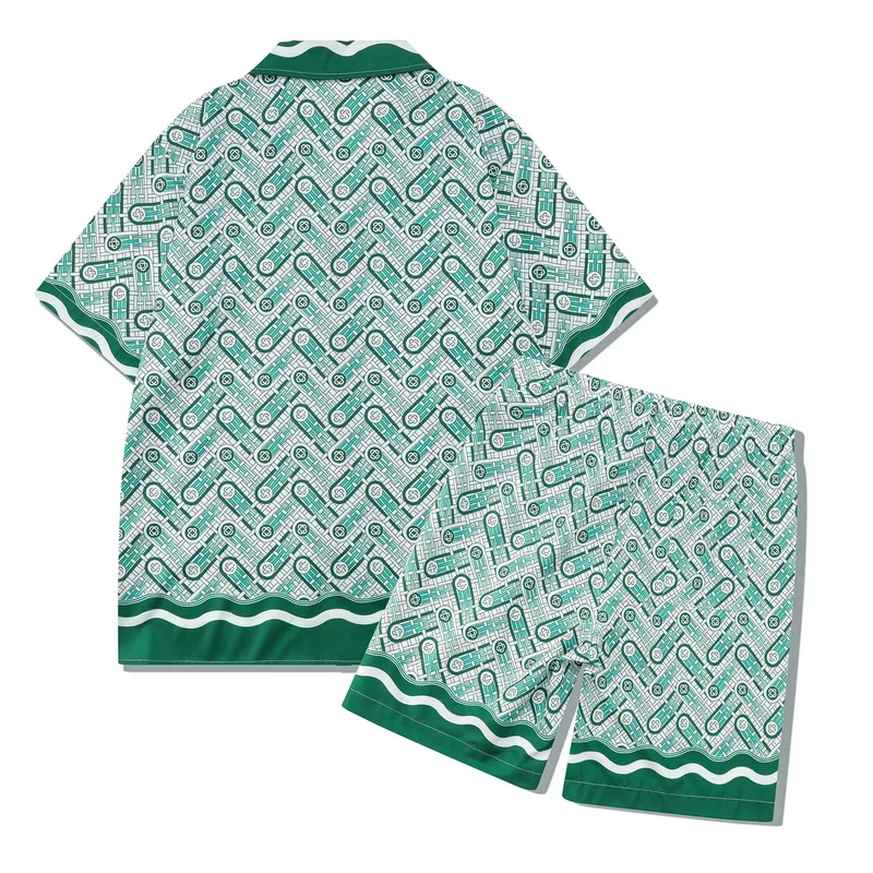 European and American digital print abstract shirt set retro beach casual shorts short sleeve shirt men summer