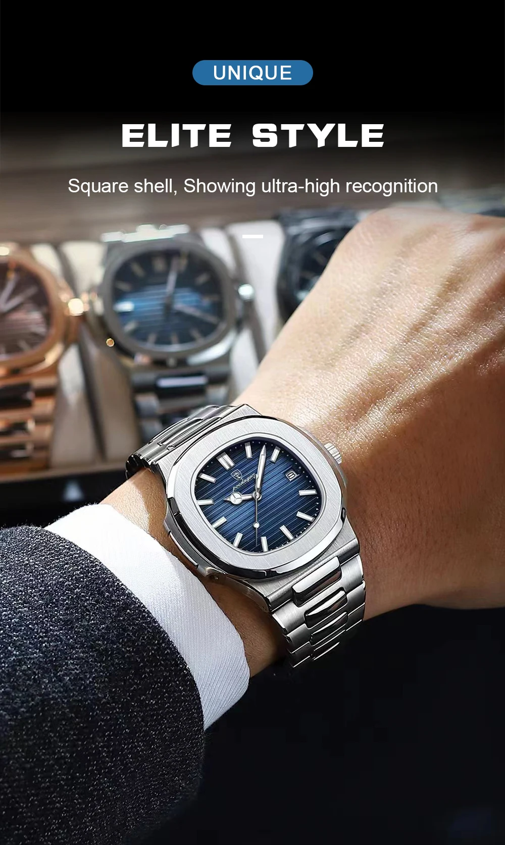 POEDAGAR Fashion Square Quarz Mann Uhr Wasserdicht Leucht Datum Edelstahl Uhren Für Männer Luxus Business Männer Armbanduhr – Detail 3