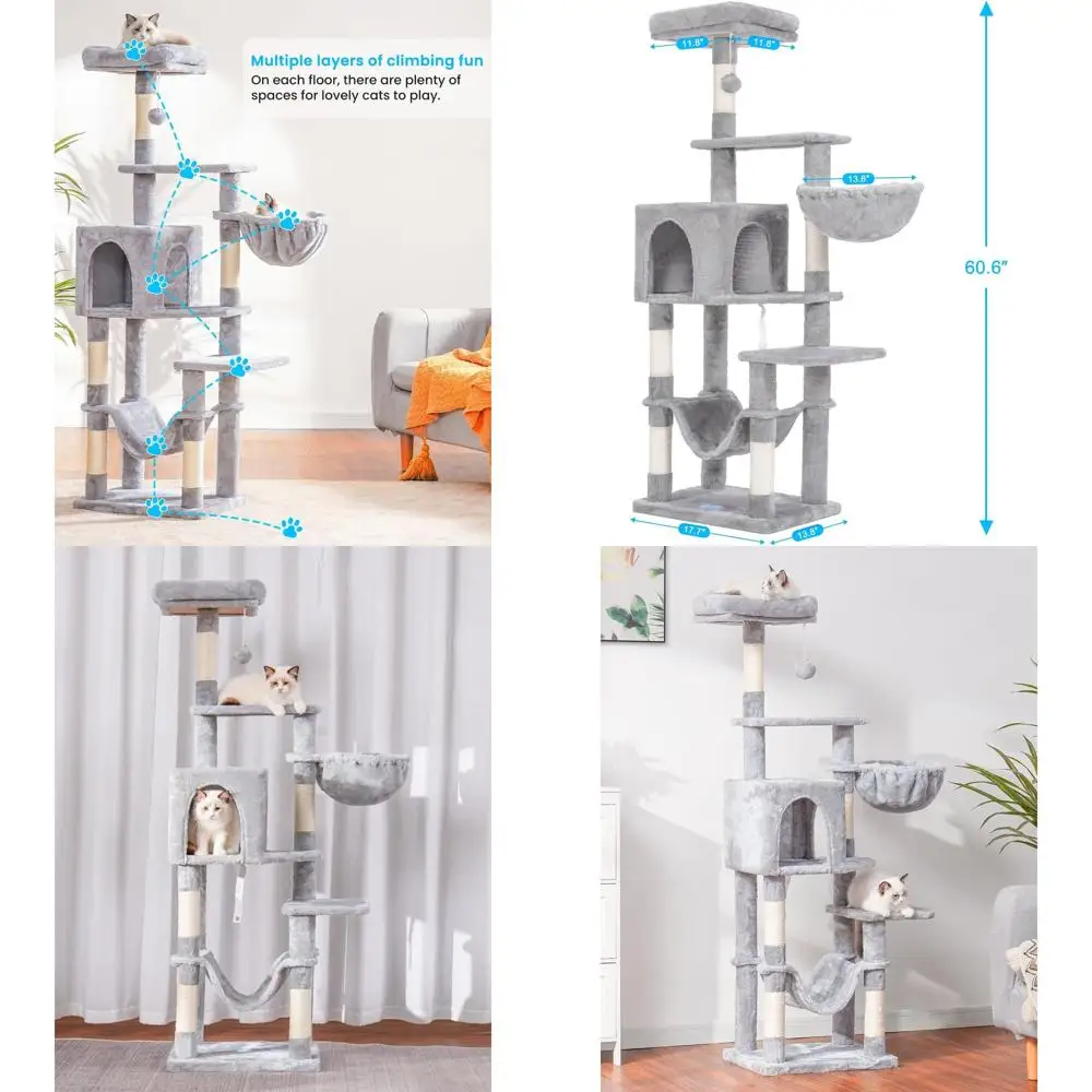 

Indoor Multi-Level Cat Tree with Large Hammock, Scratching Posts, and Top Perch, Light Gray