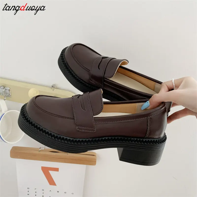 Patent Leather Platform Loafers Women Lolita Shoes Retro brown Chunky Heels Oxfords Shoes Woman College Platform JK Uniform shoe