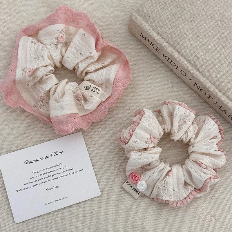 Ballet-style Checkered Hot Diamond Lace Trim Korean-style Large Intestine Hair Band Cute Cream Sweet Girl Hair Rope Girl Kawaii