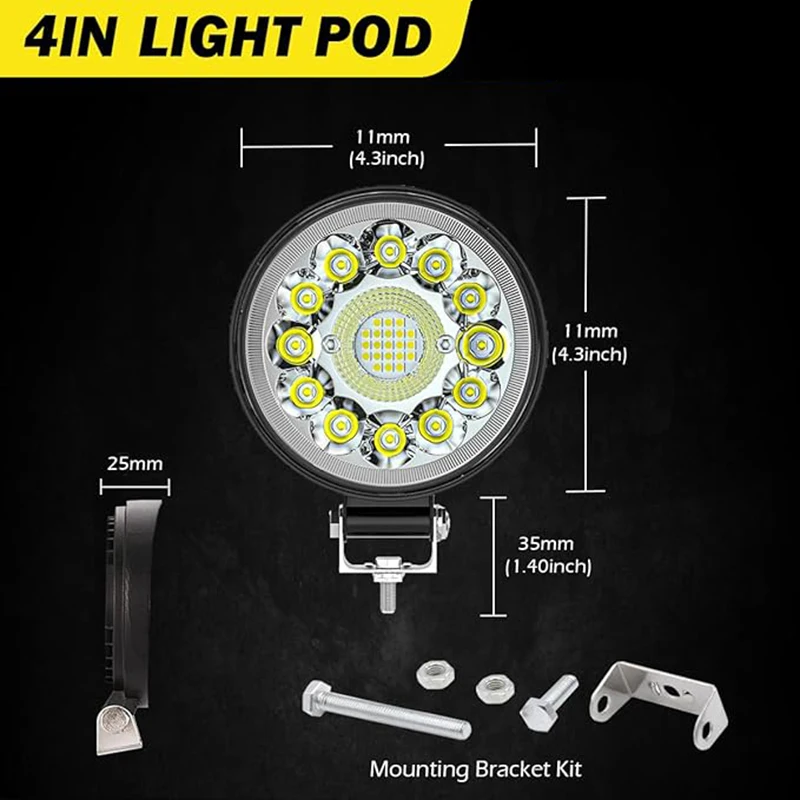 1PC/2PCS 4 Inch Round LED Work Light 12V-48V Combo Spot Flood Beam Offroad Driving Fog Light for Tractor SUV ATV Snow Blowe