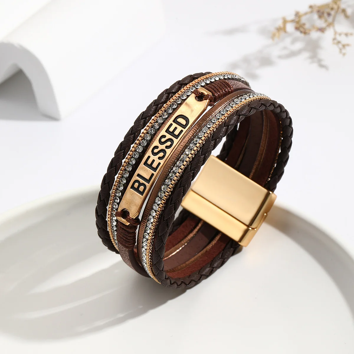 Fashion PU Weaving Bracelets Alloy Sheet Multi-layer Crystal Inlaid Bangle Unisex Leather Hand Rope Party Jewelry