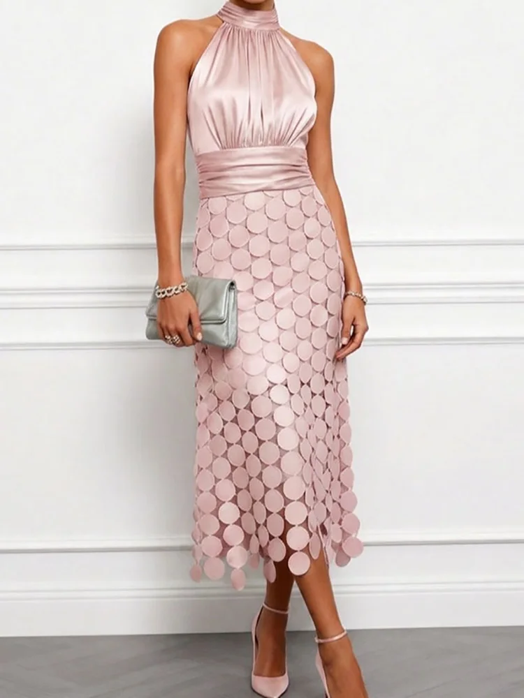 Sleeveless Fashion Elegant Maxi Dress, Women Sumemr Solid Patchwork Simple Party Dress, O Neck Holiday Ladies Dress Streetwear - view 4
