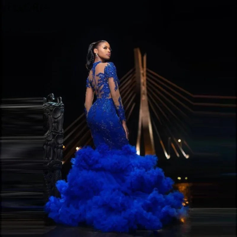 Elegant Blue Ball Dress Luxury Beaded Stickers Long Sleeve High Collar Evening Gown Gorgeous Ruffle Fluffy Party Gown Customized