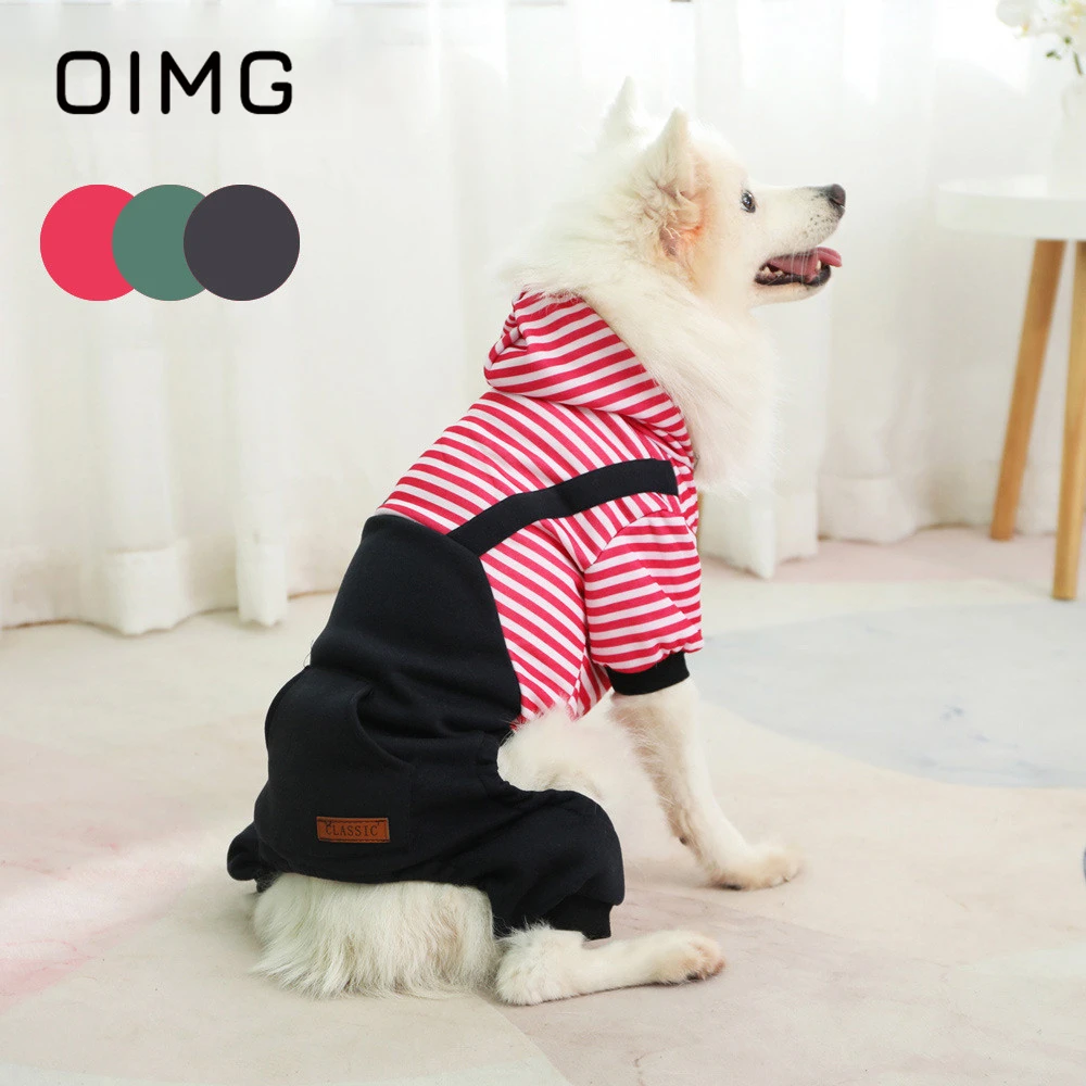 

OIMG Striped Suspenders Pet Autumn Winter Clothes Labrador Samoyed Warm Fleece Large Dogs Costume Big Dog Sweatshirt With Hood