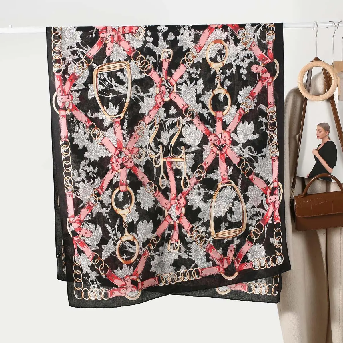 

Retro Bule Chain Print Silk Scarf Women's Faionable Spring Autumn Ladies' Scarf awl Cross-Border New Sle Long Sve