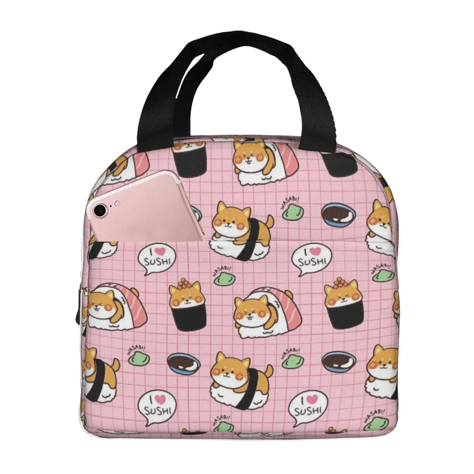 Cute Shiba Inu Sushi Pattern Lunch Bag for Girls Portable Thermal Picnic Cooler Bag