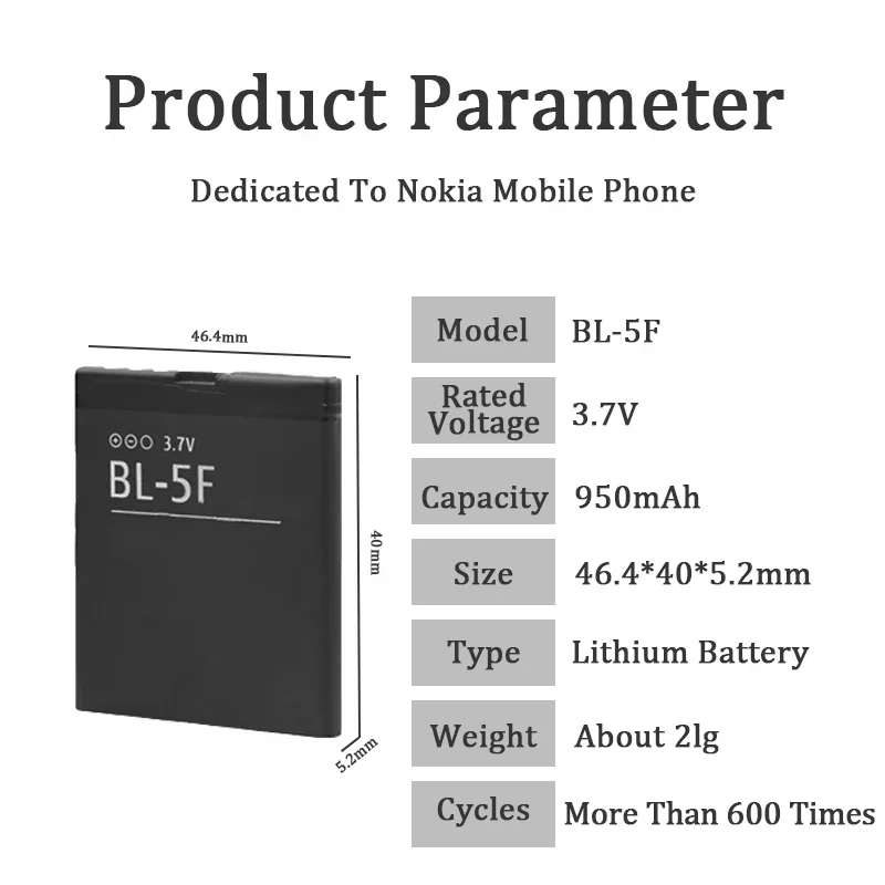 BL-5F Phone Battery  Rechargeable Lithium Replacement for Nokia N95 N96 N98 N99 N72 N78 N93i 6290 E65 6290 E65 6210 6210S/N 671