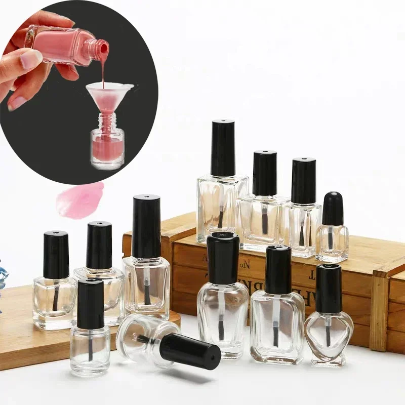 20Pcs 5ml/10ml/15ml Empty Square/Round Clear Vials Refillable Glass Nail Polish Bottles With Brush Cap For Nail Art Samples Show