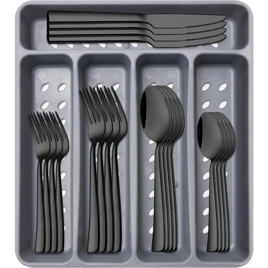 

21Piece Modern Black Silverware Set with Organizer Tray Stainless Steel Eating Utensil Sets Kitchen Knives Forks and Spoons Cut