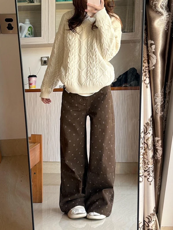 

Retro Brown Floral Wide Leg Jeans Women's Loose Fit Spring New Sle PmORh High Waist Knife ket Denim Pants