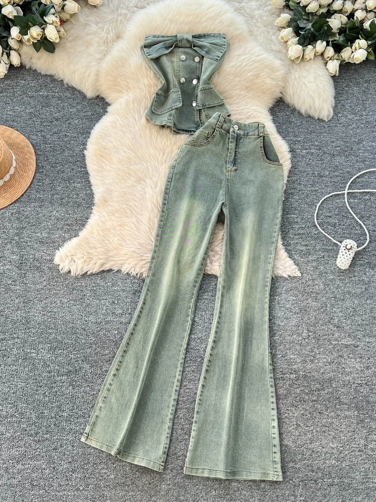 

American Sle Retro Slim Fit Denim Set Women's Tube Top Summer High Waist Micro Flared Pants Two Piece Set Slimming Effect