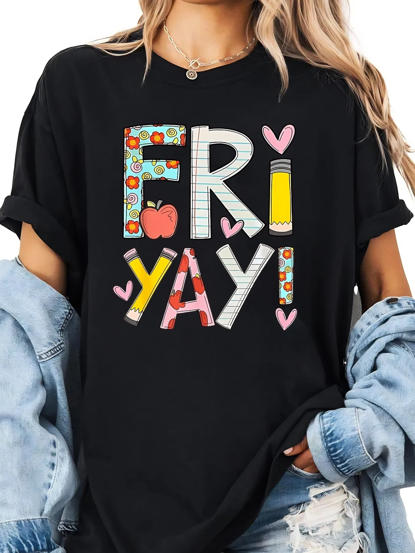 FRI YAY Bedrucktes Grafik-T-Shirt Friday Celebration Damen-Casual-Top für Schule, Lehrer, Schüler, Outfit, Schwarz, Übergröße