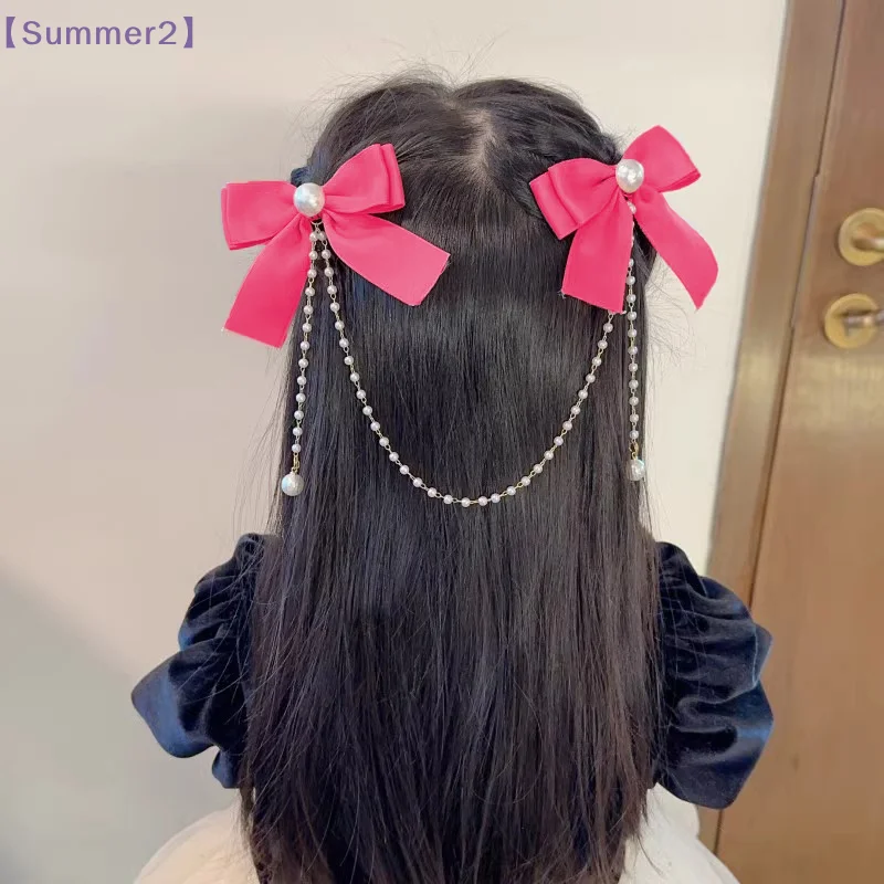 【Xia2】Cute Bow Pearl Tassel Hair Clip For Girls Elegant Hair Hairpins Children Princess Fashion Hair Accessories{S}