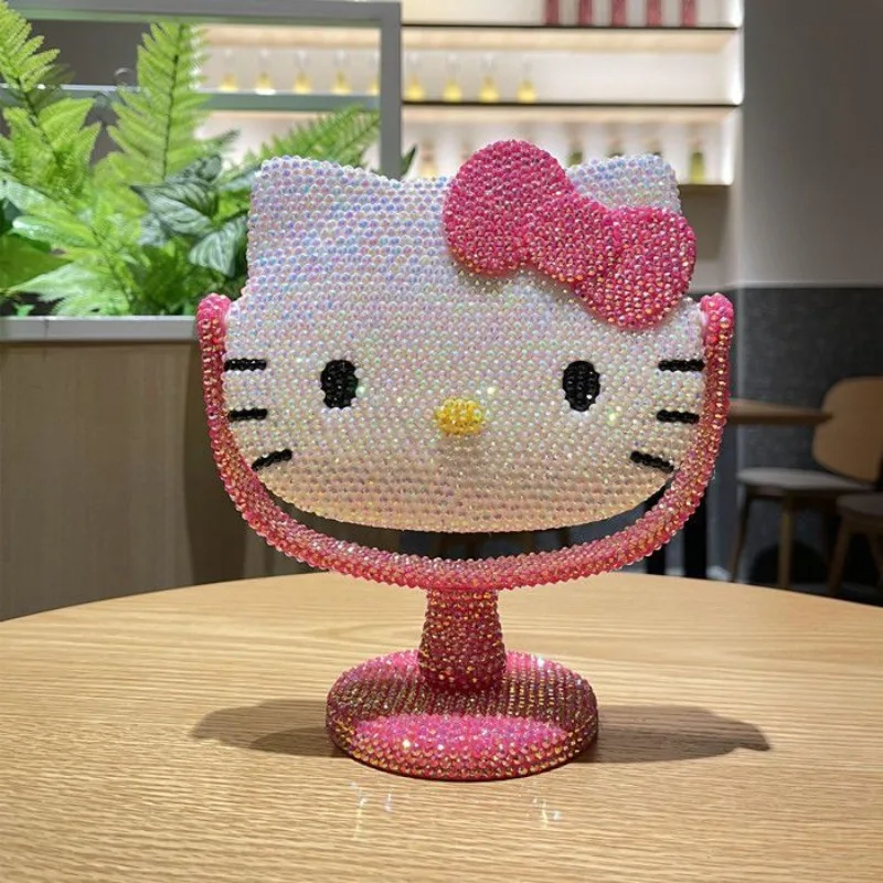 Sanrio Hello Kitty Creative Gift Cat Sticker Diamond Mirror Desktop Mirror Kt Makeup Mirror Pink Diy Diamond Embedding Gift Toys