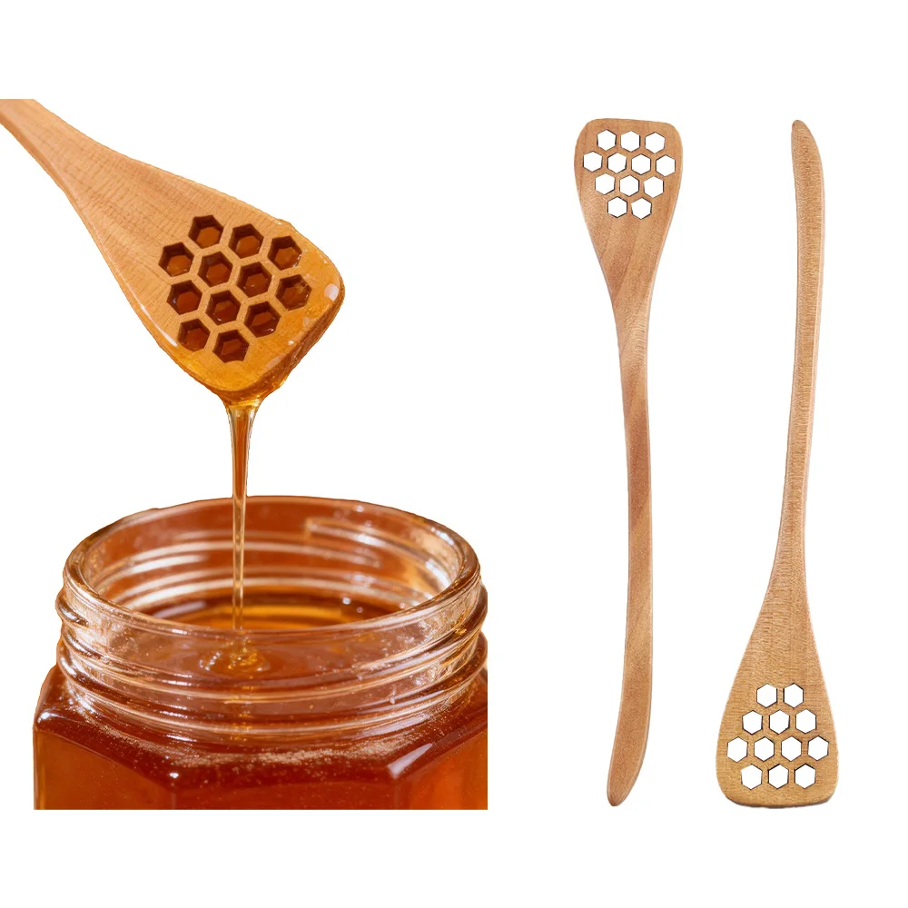 Honeycomb Heart Pattern Honey Spoon Wooden Long Handle Honey Spoon Stirrer Waiter Stirrer Spoon Home Kitchen Supplies