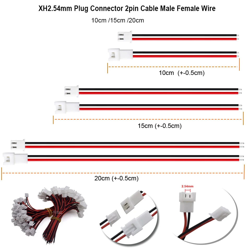 XH2.54 XH2.54mm 2pin wire Cable connector Male & Female mini Plug Jack Connector Cable 26AWG Electronic wire 10cm/15cm/20cm