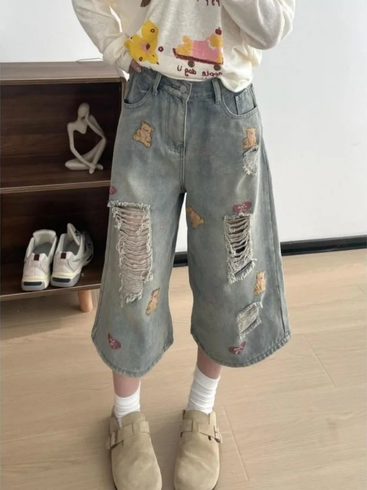 

American Style Vintage Denim Jeans High Waist Loose Straight Leg Pants Women's Summer New Casual Versatile Wide Leg Pants