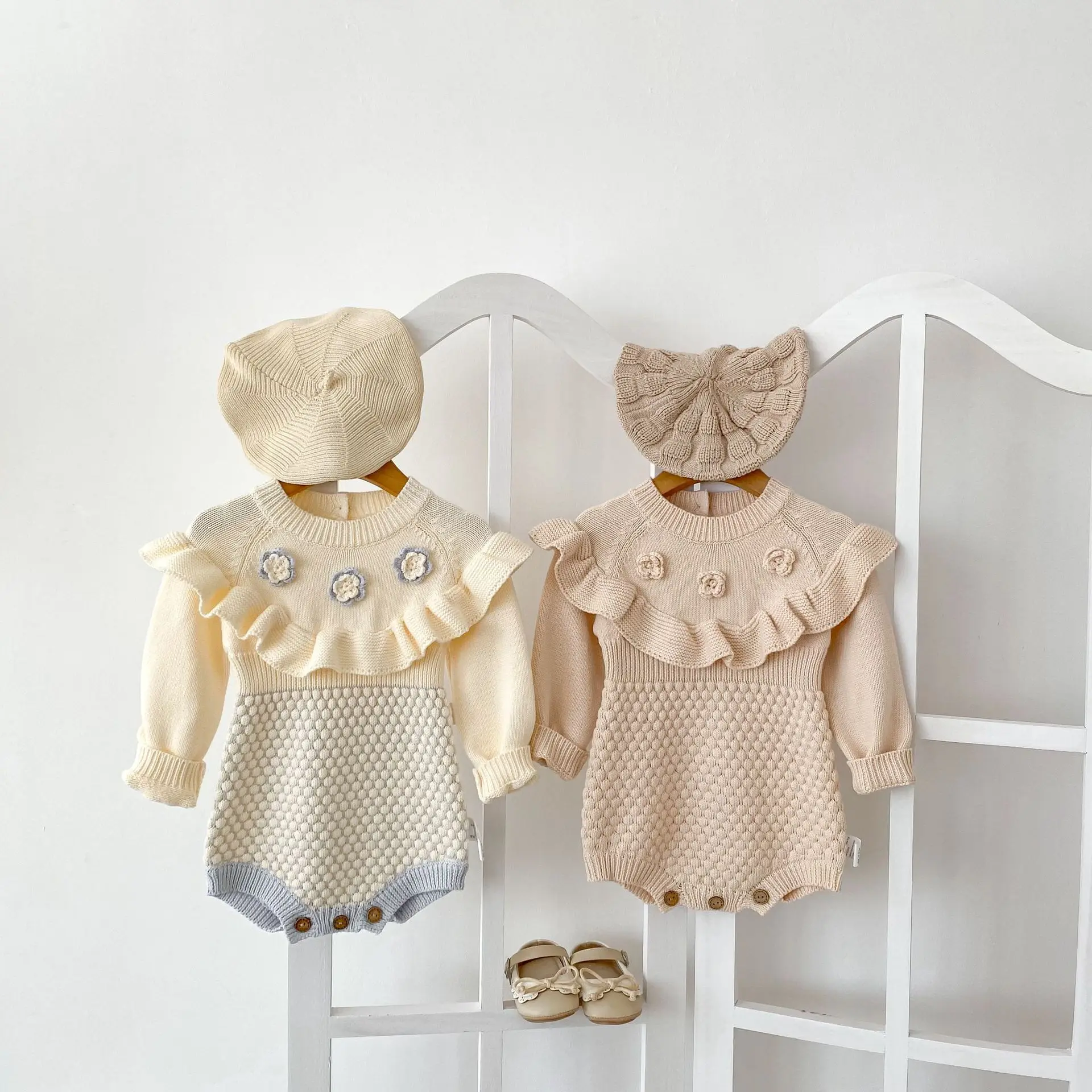 Infant Baby Girl Sweater Knitwear Girls Cotton Knit Hand Crochet Floral Color Block Romper Jumpsuit Crawler