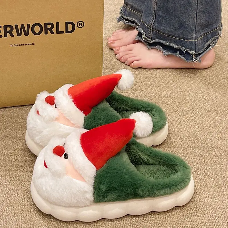 

Warm Fluffy Christmas Slippers Women Men Santa Claus Fuzzy Shoes Soft EVA Cushion Fur Slides Plus Size Velvet Fur Flipflops