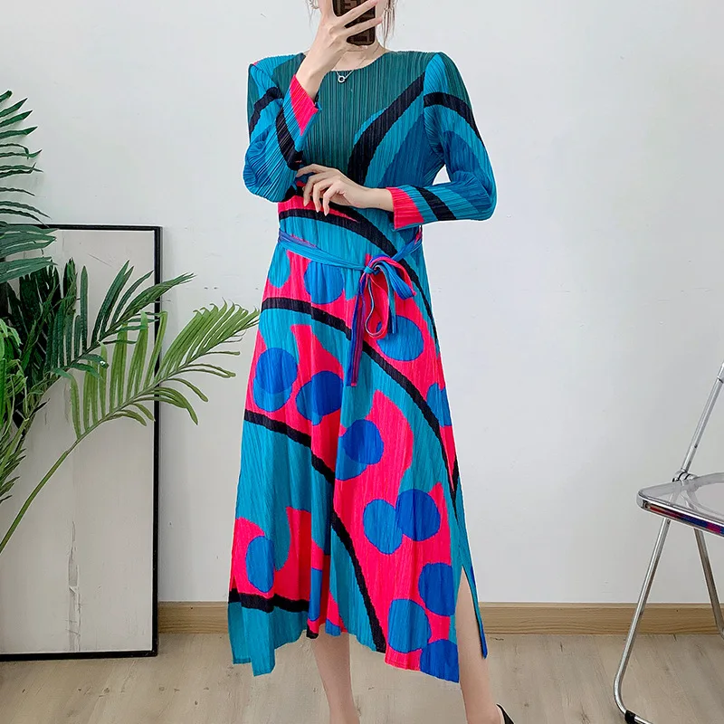 YUDX Pleated Fashion Printed Women's Dress Round Neck Tie Loose Plus Size Design Slim Medium Long Dress 2024 Summer New