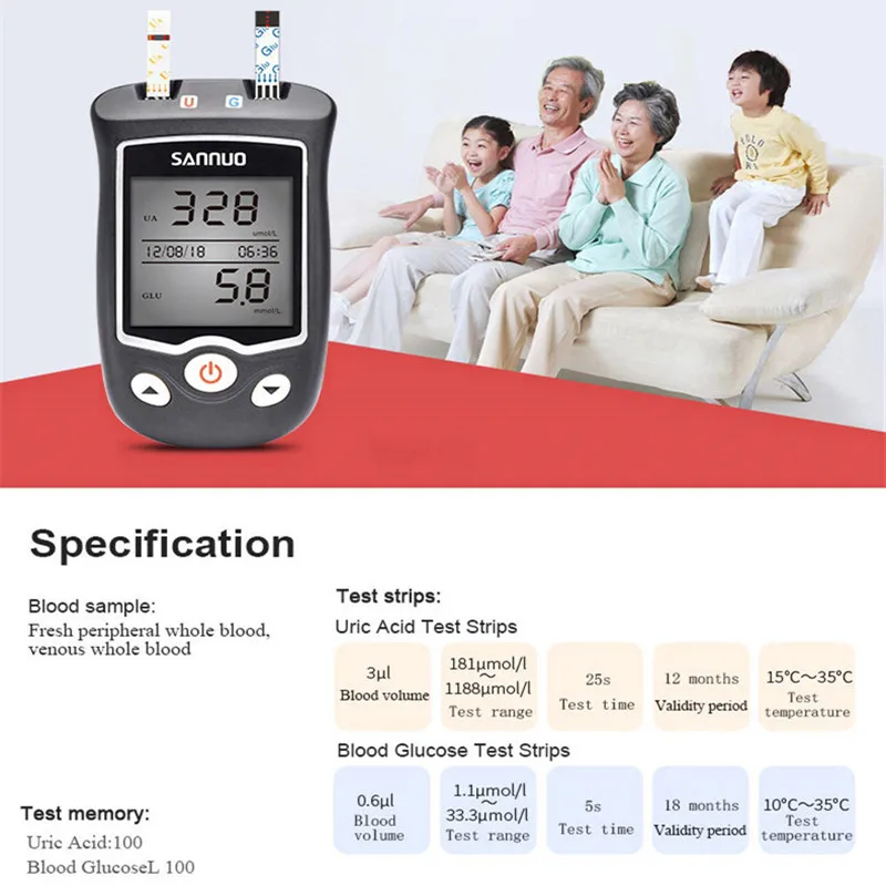 Sinocare EA-11 Uric Acid Blood Glucose Testing Meter Kit mmol/L Diabetes Tester Strips with Lancets Blood sugar Monitor