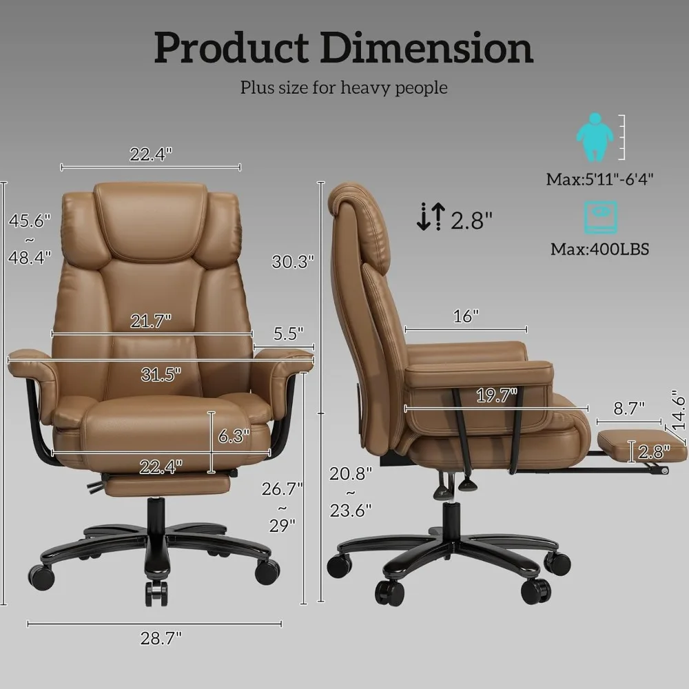 large 160° reclining office chair with wheels, high back, wide seat, armrests, footrest, brown