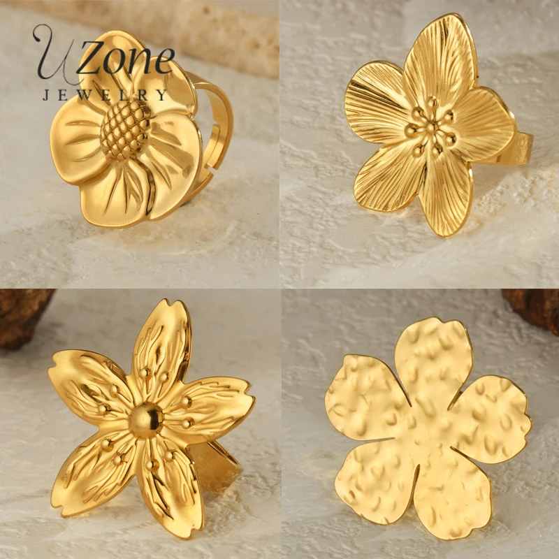 Uzone 여성용 패션 레트로 손가락 반지, 18K 골드 도금 빈티지 꽃 반지, 스테인레스 스틸 방수 쥬얼리 선물