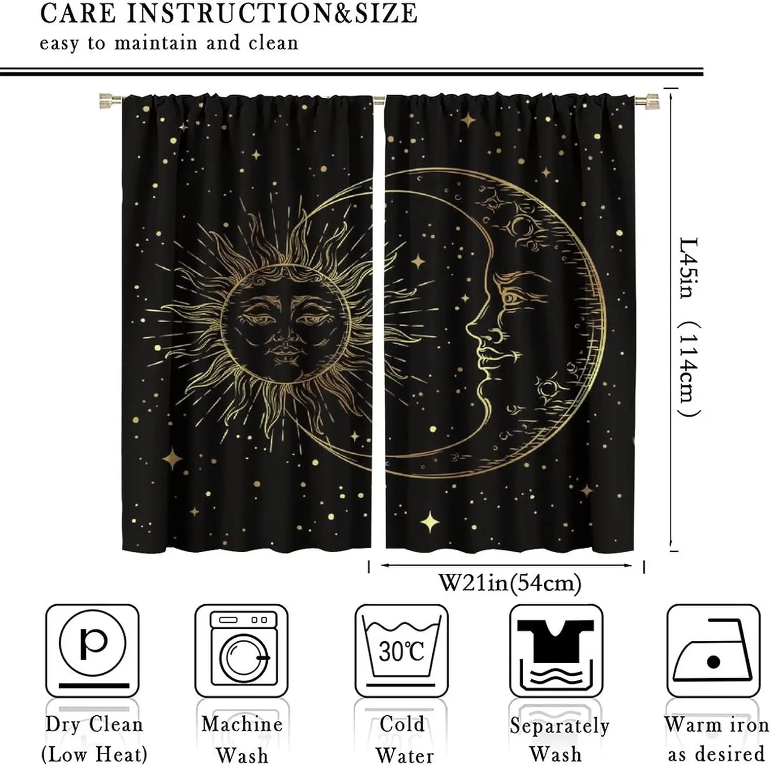 Aesthetic Sun Moon Astrology Window Curtain Black Background Gold Foil Celestial Zodiac Stars Translucent Drapes for Bedroom Dec
