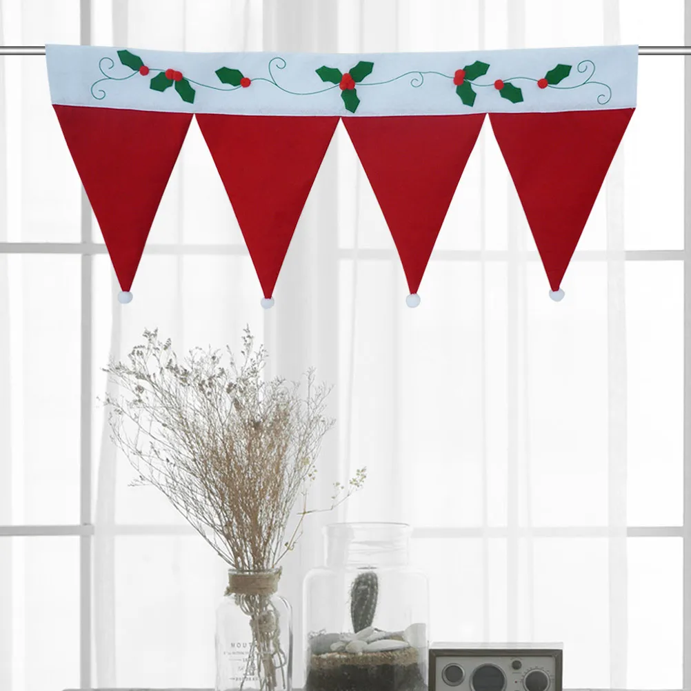 

Santa Hat Curtains Red Christmas Valance Embroidered Pom Pom Decorative Xmas Door Window Curtain Santa Hat Curtains