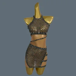 New Sexy Club DJ Sheer Mesh Mini Dress for Hot Girls Party Dance Show Dress Square Black Rhinestone Off shoulder Dress Mofang